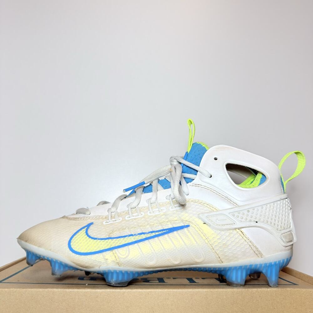 Nike Men Size 7.5 Huarache 9 Elite Mid LAX Lacrosse Cleats White Blue FG Grass